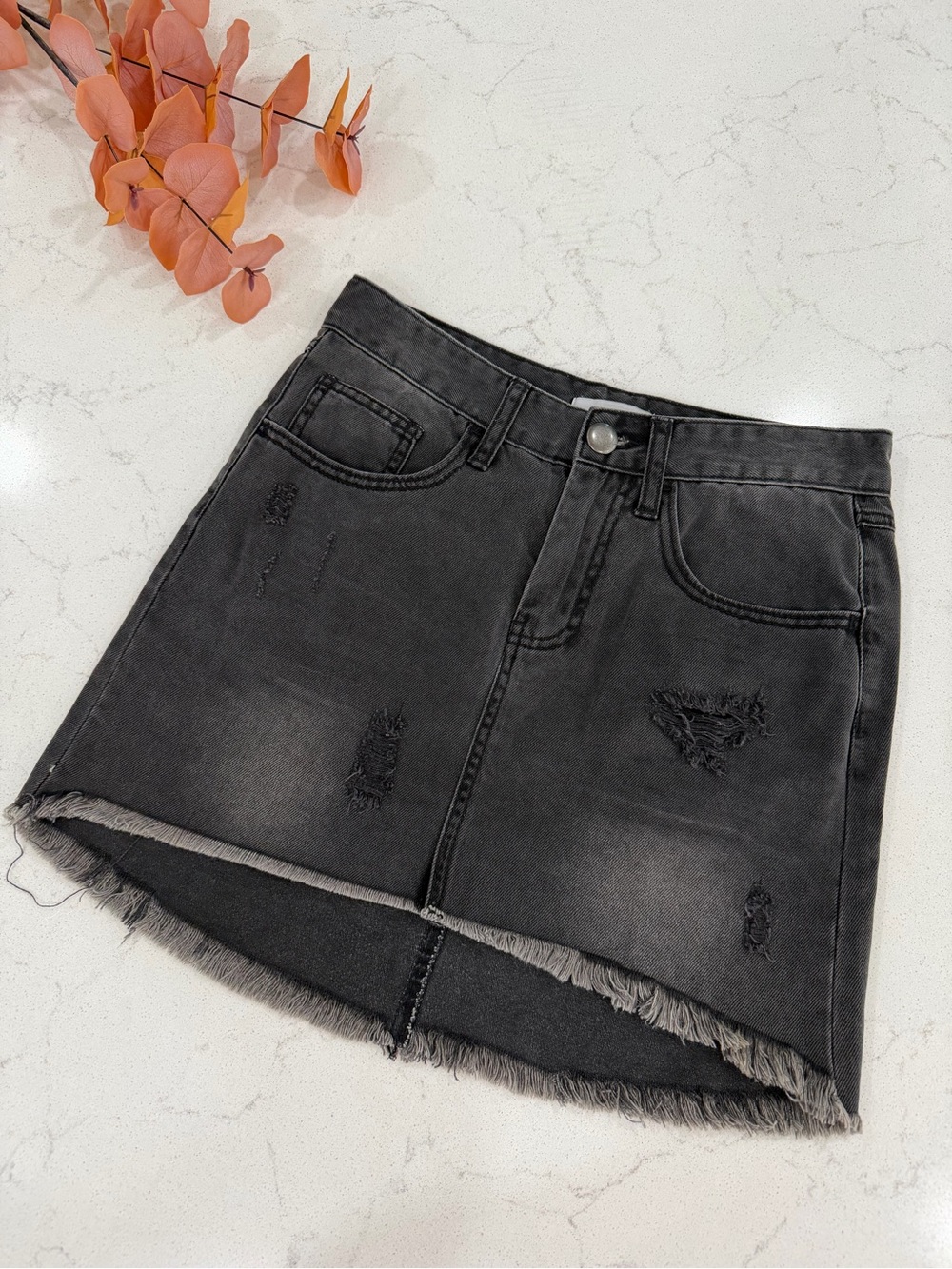 Olivaceous Washed Black Distressed Denim Mini Skirt